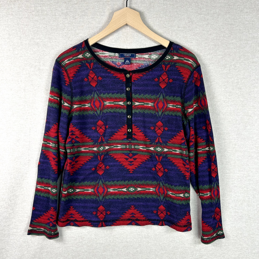Vintage Chaps Ralph Lauren Women Thermal Henley Aztec Print Top Large Tribal Y2K